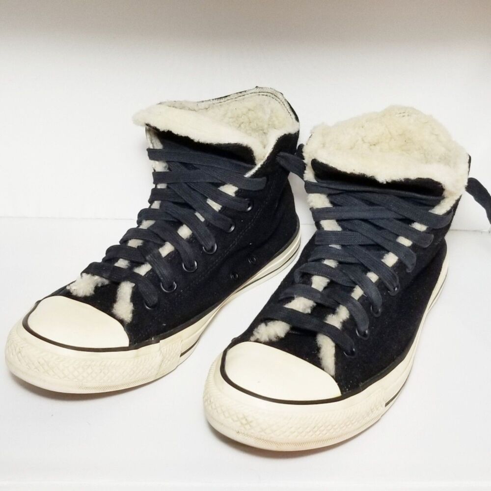Converse All Star Chuck Taylor High Tops Women 10 Wool Faux Fur Black Embroidery